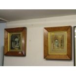 DUPEUX, pair of 19th Century watercolours "Figures in Cloisters" in birdseye maple frames, 8" x 6.5"