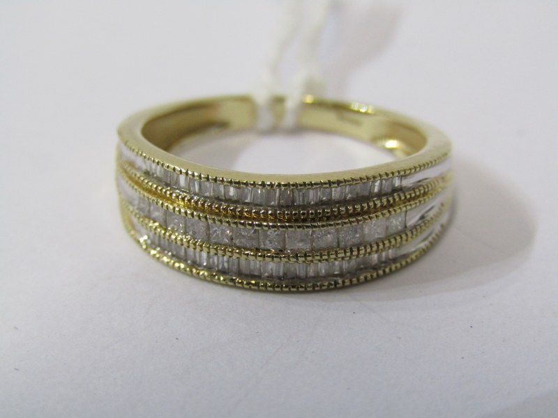 9ct YELLOW GOLD DIAMOND SET 3 ROW HALF ETERNITY STYLE RING, size P/Q