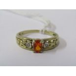 9CT YELLOW GOLD FIRE OPAL & DIAMOND RING, principle oval cut fire opal set with small accent diamond