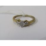 9CT YELLOW GOLD 3 STONE DIAMOND RING, size O