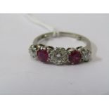 VINTAGE 18CT WHITE GOLD RUBY & DIAMOND 5 STONE RING, principle diamond measuring approximately 0.