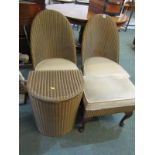 LLOYD LOOM, pair of gold high back bedroom chairs, foot stools and linen basket