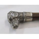 WALKING CANE, a fine sculptured silver dog's head grip walking cane, possibly Russian