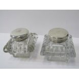 ANTIQUE INKWELLS, pair of silver mounted cut glass square form inkwells