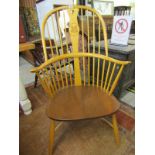 ERCOL WINDSOR ARMCHAIR, comb-back double bow "Chairmakers"Windsor armchair, marquetry oak leaf and