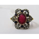 14CT YELLOW GOLD RUBY, SAPPHIRE & DIAMOND CLUSTER RING, principle oval cut ruby surrounded by 6