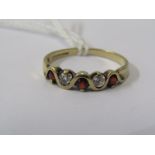 9CT YELLOW GOLD GARNET CZ ETERNITY STYLE RING, unusual wave pattern, size R