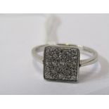 9ct WHITE GOLD DIAMOND PLAQUE RING, size Q