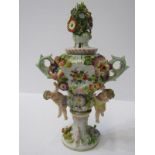 THURINGIAN, floral encrusted and figure support lidded small pot pourri, vase, 7" height
