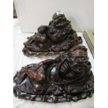 ORIENTAL CARVING, 2 quality Chinese carved cherry root figures of Resting Deities on carved hardwood