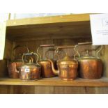 ANTIQUE COPPER, 2 Victorian copper kettles with acorn finials and 3 others