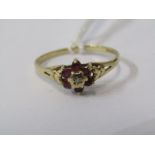 9ct YELLOW GOLD RUBY & DIAMOND DAISY RING, size Q