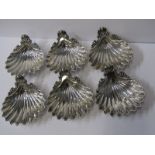 PLATED SHELL FORM BUTTER DISHES, set of 6 shell form dishes, stamped "BS" on 3 scroll supports, 5"