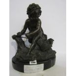 MOREAU, bronze marble base sculpture "The Chicken Chase", signed Moreau, 12" height