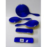 SILVER & ENAMEL 5 PIECE DRESSING TABLE MIRROR & BRUSH SET, with various faults