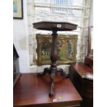 MAHOGANY SUPPER TABLE, octagonal top on baluster pedestal with 3 foliate carved cabriole legs, 18.5"