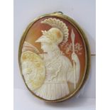 FINELY CARVED SHELL CAMEO, depicting Female Warrior, set in yellow metal, tests gold