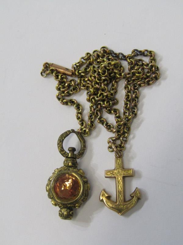 9ct YELLOW GOLD VINTAGE ANCHOR PENDANT on belcher chain and stone set swivel fob, approx 3.8 grams