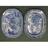 EARLY BLUE TRANSFER, "Fallow Deer" pattern 20.5" meat plate and similar "Fenced Pagoda" pattern,