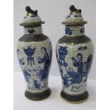ORIENTAL CERAMICS, Pair of 19th Century crackle glaze lidded vases, decorated with schoolroom