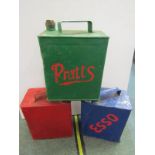 MOTORING, 3 painted metal fuel cans "Pratts/Shell/Esso", 12" height