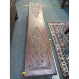 ANTIQUE FOOT STOOL with carved Celtic design strap work panels, 44" width