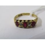 18CT YELLOW GOLD RUBY & DIAMOND RING, 3 principal oval cut rubies each separated by old cut