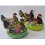 STAFFORDSHIRE POTTERY, collection of 4 painted pottery hen baskets, 6" width