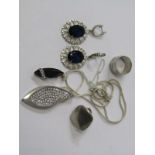 SILVER JEWELLERY, including 2 rings, 2 chains and 2 pendants, also pair of stone set earrings