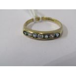 9ct YELLOW GOLD BLUE & WHITE STONE HALF ETERNITY STYLE RING, size M/N