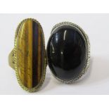 SILVER RING, large onyx style silver ring & one tigers eye on yellow metal ring