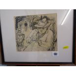 ATTRIBUTED P.W. REES-ROBERTS, pen and ink drawing "Old Lady and Butler", 7" x 8"