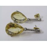 PAIR OF 18ct WHITE GOLD CITRINE & DIAMOND DROP EARRINGS, large pear cut citrine in excess of 5ct