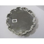 SILVER CARD TRAY with shaped border on 3 scroll supports, Sheffield HM, 8" diameter, 348 grams,