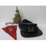 AMERICAN CIVIL WAR, embossed copper powder flask, also a military pendant and Union Solidier's cap