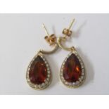 PAIR OF CITRINE & DIAMOND EARRINGS, large pear cut citrine surrounded by brilliant cut diamonds in