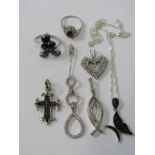 SILVER JEWELLERY, including 2 stone set rings, pendant on chain and 4 pendants