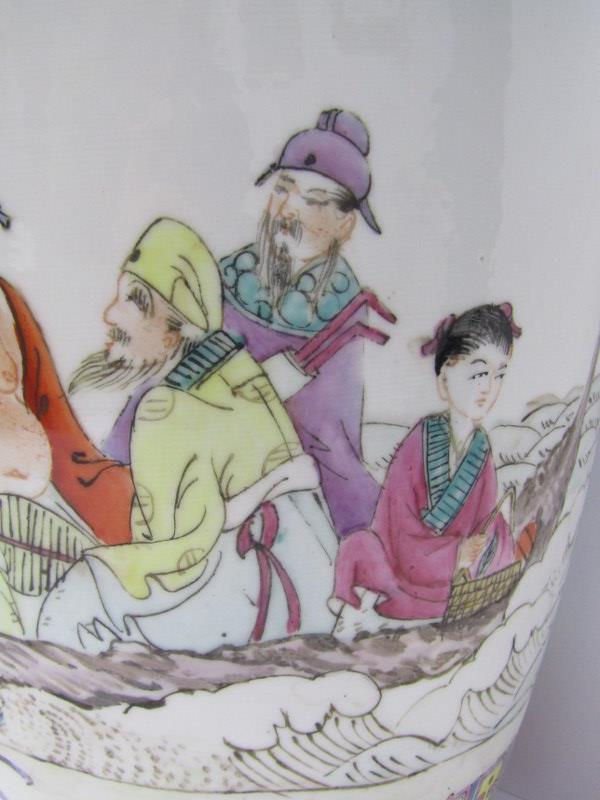 ORIENTAL CERAMICS, Famille rose 18" club vase decorated with figures meeting on headland, base - Image 3 of 7