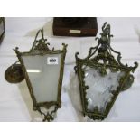 ANTIQUE GILT LAMP SHADES, 2 ornate gilt framed tapering lamp shades with opaque engraved glass