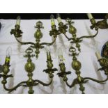 LIGHTING, set of 4 ornate brass twin branch wall lights of foliate embelished design, 16" height