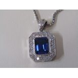 18ct WHITE GOLD TANZANITE & DIAMOND PENDANT on 18ct white gold box chain, large tanzanite of good