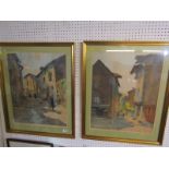 EUGENE DELECLUSE, pair of signed colour etchings, "European Village Street Scenes", 22" x 17"