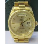 18ct YELLOW GOLD ROLEX OYSTER PERPETUAL DAY DATE on 18ct gold president bracelet with inner/outer