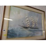 MARITME, J. Tonelli, signed gouache "Ship portrait of 3 masted Scooner", 17" x 25"