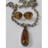 AMBER SET SILVER PENDANT & EARRINGS on silver necklace