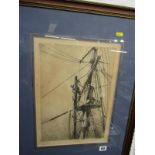 ARTHUR BRISCOE, signed proof etching "Ships Rigging", 14" x 10"