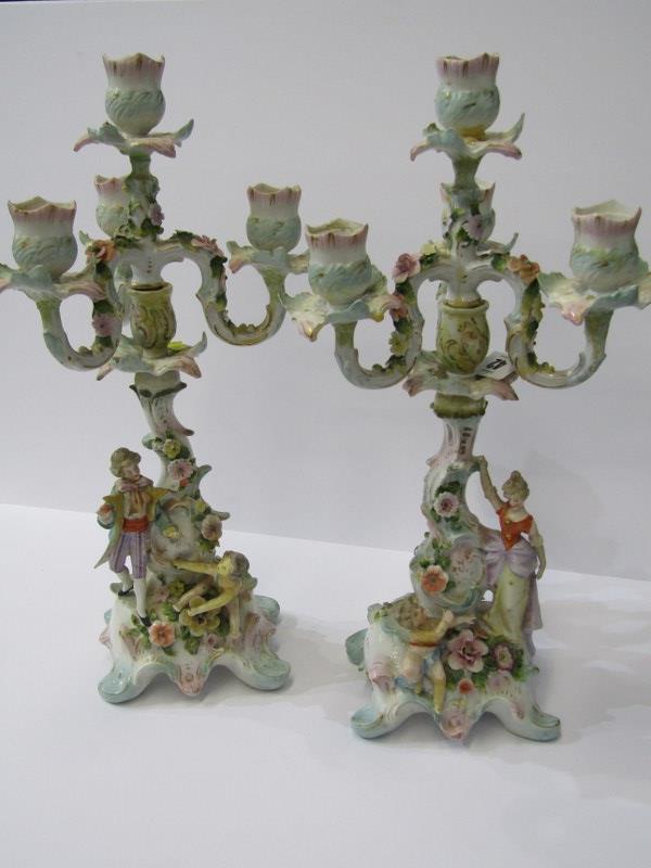 THURINGIAN, pair of triple branch figure base floral encrusted candelabra (restored), 16" height