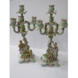 THURINGIAN, pair of triple branch figure base floral encrusted candelabra (restored), 16" height