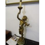 LIGHTING, vintage gilt table light of amorini holding torch on circular alabaster base, 29" height