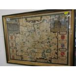 17th CENTURY MAP, hand coloured John Speed "Map of Surrey", 15" x 20"